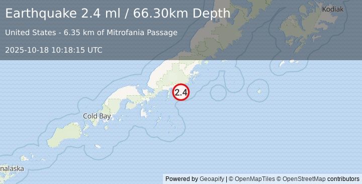 Earthquake 14 km SSE of Perryville, Alaska (2.4 ml) (2025-10-18 10:18:15 UTC)
