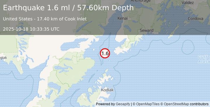 Earthquake 40 km WSW of Nanwalek, Alaska (1.6 ml) (2025-10-18 10:33:35 UTC)