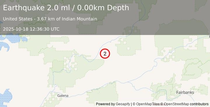 Earthquake 22 km E of Hughes, Alaska (2.0 ml) (2025-10-18 12:36:30 UTC)
