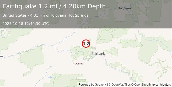 Earthquake 22 km ENE of Minto, Alaska (1.2 ml) (2025-10-18 12:40:39 UTC)