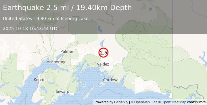Earthquake 46 km N of Valdez, Alaska (2.5 ml) (2025-10-18 16:43:45 UTC)