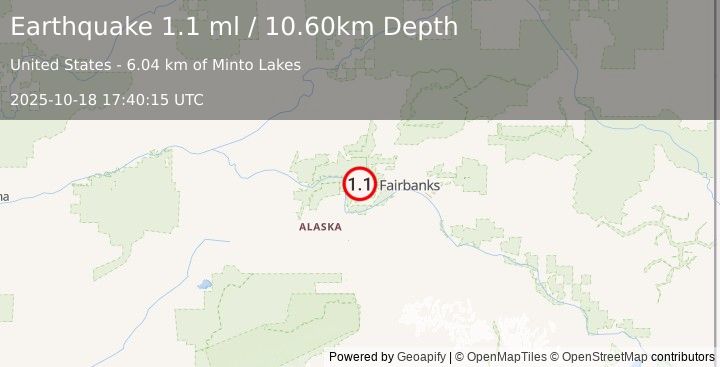 Earthquake 31 km NNE of Four Mile Road, Alaska (1.1 ml) (2025-10-18 17:40:15 UTC)