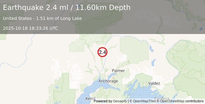 Earthquake 7 km WNW of Trapper Creek, Alaska (2.4 ml) (2025-10-18 18:33:27 UTC)