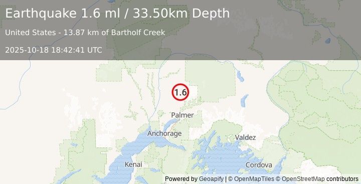 Earthquake 35 km ESE of Susitna North, Alaska (1.6 ml) (2025-10-18 18:42:41 UTC)