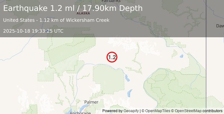 Earthquake 74 km ESE of Cantwell, Alaska (1.2 ml) (2025-10-18 19:33:25 UTC)
