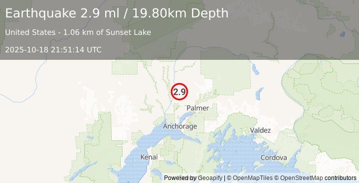 Earthquake 22 km NNE of Willow, Alaska (2.9 ml) (2025-10-18 21:51:14 UTC)