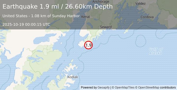 Earthquake 47 km SSE of Halibut Cove, Alaska (2.0 ml) (2025-10-19 00:00:13 UTC)