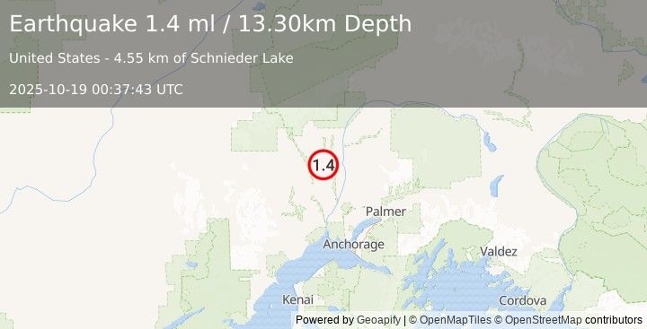 Earthquake 28 km SW of Trapper Creek, Alaska (1.4 ml) (2025-10-19 00:37:43 UTC)