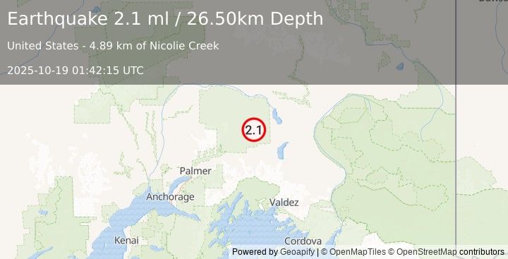 Earthquake 30 km NNW of Eureka Roadhouse, Alaska (2.1 ml) (2025-10-19 01:42:15 UTC)