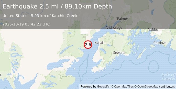 Earthquake 51 km WNW of Cohoe, Alaska (2.5 ml) (2025-10-19 03:42:22 UTC)