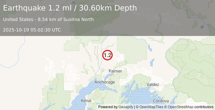 Earthquake 8 km E of Susitna North, Alaska (1.2 ml) (2025-10-19 05:02:30 UTC)
