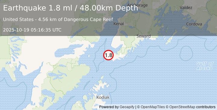 Earthquake 6 km NW of Nanwalek, Alaska (1.8 ml) (2025-10-19 05:16:35 UTC)