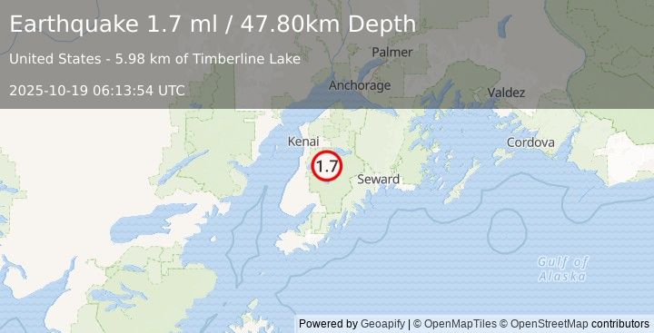Earthquake 28 km S of Funny River, Alaska (1.7 ml) (2025-10-19 06:13:54 UTC)