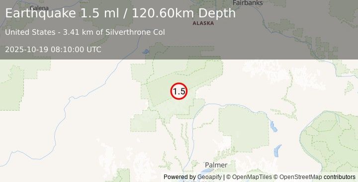 Earthquake 68 km SE of Denali National Park, Alaska (1.5 ml) (2025-10-19 08:10:00 UTC)