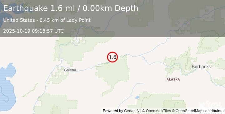 Earthquake 84 km ENE of Ruby, Alaska (1.6 ml) (2025-10-19 09:18:57 UTC)
