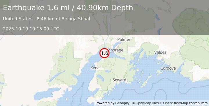 Earthquake 20 km NNE of Point Possession, Alaska (1.6 ml) (2025-10-19 10:15:09 UTC)