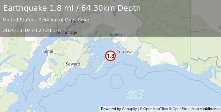 Earthquake 53 km S of Tatitlek, Alaska (1.8 ml) (2025-10-19 10:27:21 UTC)