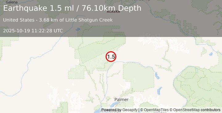 Earthquake 61 km SW of Cantwell, Alaska (1.5 ml) (2025-10-19 11:22:28 UTC)