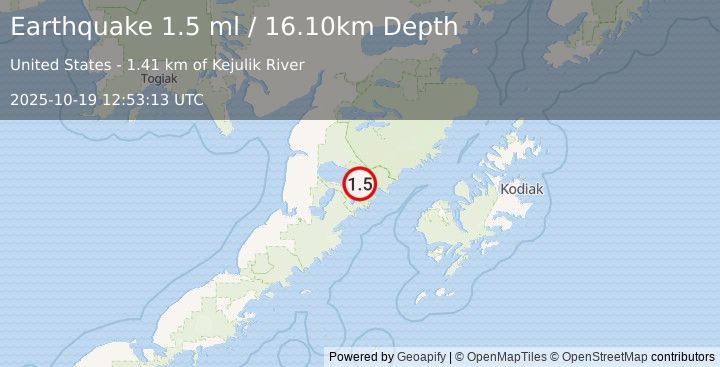 Earthquake 93 km ESE of Egegik, Alaska (1.5 ml) (2025-10-19 12:53:13 UTC)