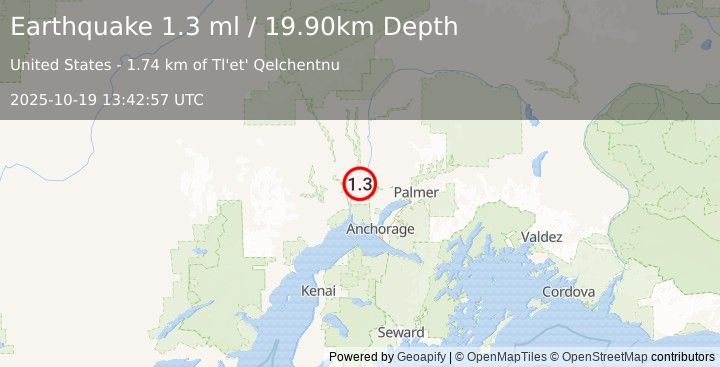 Earthquake 17 km WSW of Willow, Alaska (1.3 ml) (2025-10-19 13:42:57 UTC)