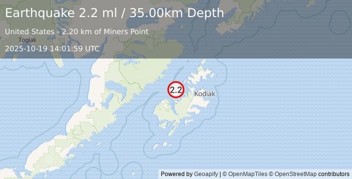 Earthquake 42 km NNE of Larsen Bay, Alaska (2.2 ml) (2025-10-19 14:01:59 UTC)