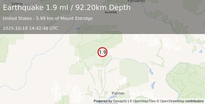 Earthquake 68 km NNE of Petersville, Alaska (2.0 ml) (2025-10-19 14:42:49 UTC)