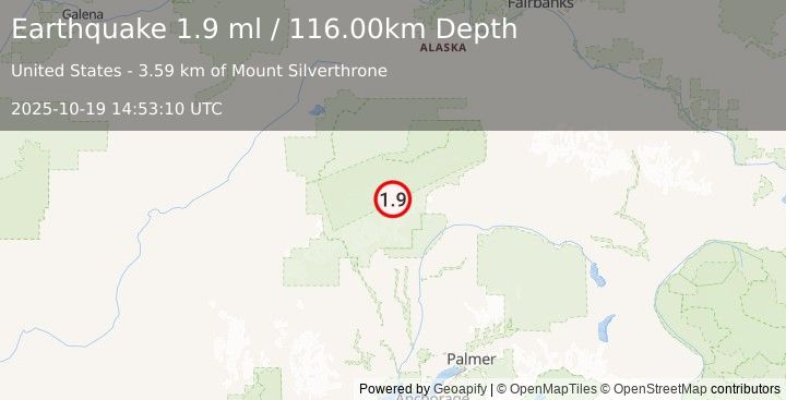 Earthquake 65 km N of Petersville, Alaska (1.9 ml) (2025-10-19 14:53:10 UTC)
