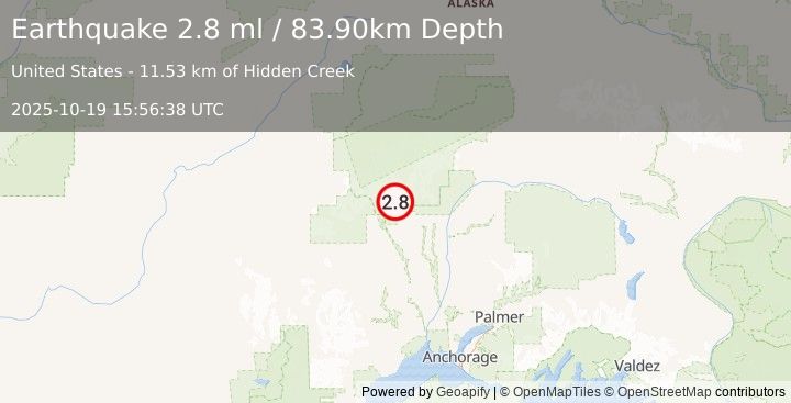 Earthquake 29 km NW of Petersville, Alaska (2.8 ml) (2025-10-19 15:56:38 UTC)
