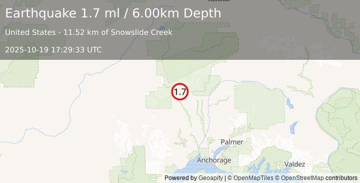 Earthquake 35 km WNW of Petersville, Alaska (1.7 ml) (2025-10-19 17:29:33 UTC)