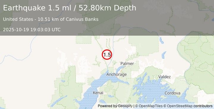 Earthquake 34 km WNW of Willow, Alaska (1.5 ml) (2025-10-19 19:03:03 UTC)