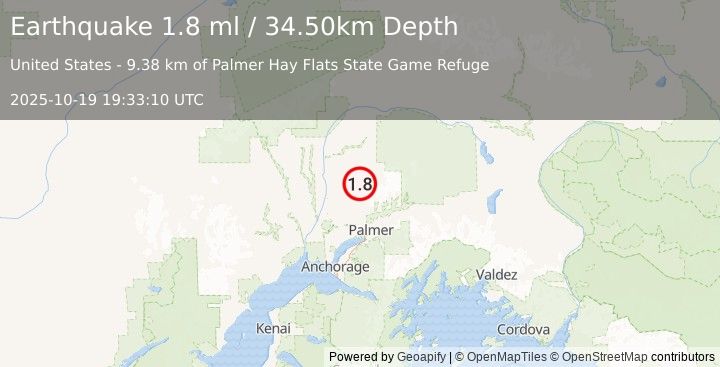 Earthquake 27 km ESE of Susitna North, Alaska (1.8 ml) (2025-10-19 19:33:10 UTC)