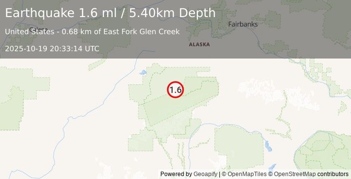 Earthquake 48 km E of Denali National Park, Alaska (1.6 ml) (2025-10-19 20:33:14 UTC)