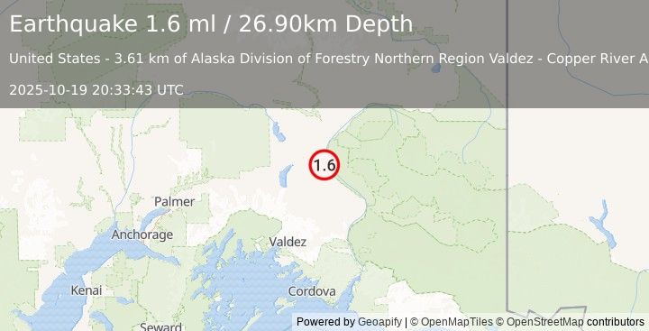 Earthquake 4 km SSW of Copperville, Alaska (1.6 ml) (2025-10-19 20:33:43 UTC)