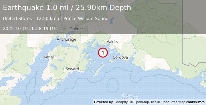 Earthquake 27 km SW of Tatitlek, Alaska (1.0 ml) (2025-10-19 20:58:19 UTC)