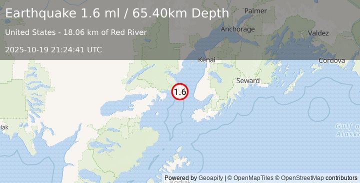 Earthquake 34 km WNW of Anchor Point, Alaska (1.6 ml) (2025-10-19 21:24:41 UTC)