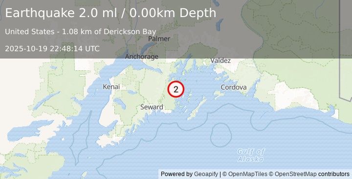 Earthquake 36 km SSE of Whittier, Alaska (2.0 ml) (2025-10-19 22:48:14 UTC)
