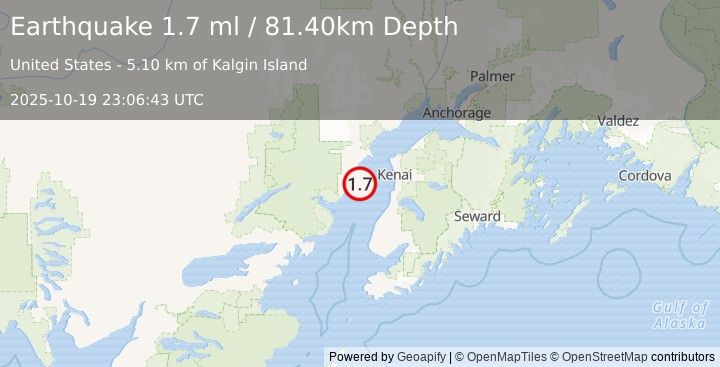 Earthquake 40 km W of Kalifornsky, Alaska (1.7 ml) (2025-10-19 23:06:43 UTC)