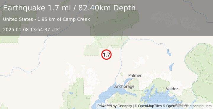 Earthquake 30 km SW of Petersville, Alaska (1.7 ml) (2025-01-08 13:54:37 UTC)