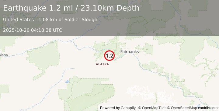 Earthquake 12 km N of Four Mile Road, Alaska (1.2 ml) (2025-10-20 04:18:38 UTC)