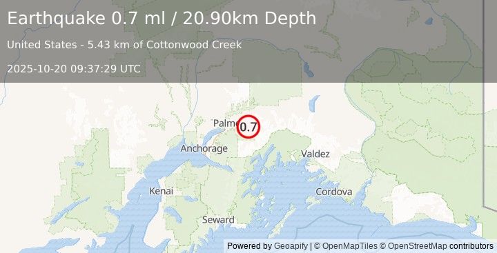 Earthquake 24 km ENE of Knik River, Alaska (0.7 ml) (2025-10-20 09:37:29 UTC)
