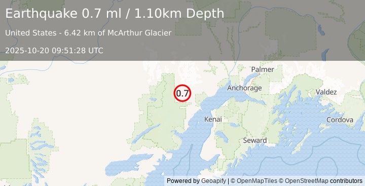 Earthquake 78 km W of Tyonek, Alaska (0.7 ml) (2025-10-20 09:51:28 UTC)