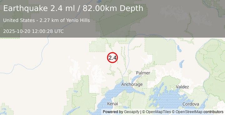 Earthquake 14 km NNE of Skwentna, Alaska (2.4 ml) (2025-10-20 12:00:28 UTC)