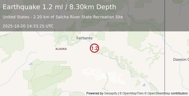 Earthquake 5 km SSE of Salcha, Alaska (1.2 ml) (2025-10-20 14:33:25 UTC)