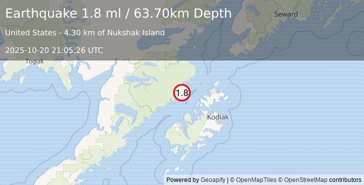 Earthquake 69 km WNW of Aleneva, Alaska (1.8 ml) (2025-10-20 21:05:26 UTC)