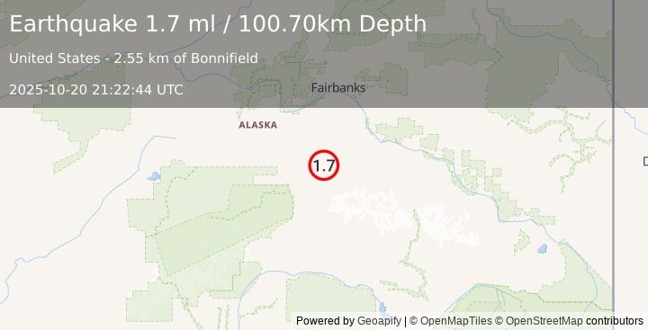 Earthquake 47 km ENE of Healy, Alaska (1.7 ml) (2025-10-20 21:22:44 UTC)