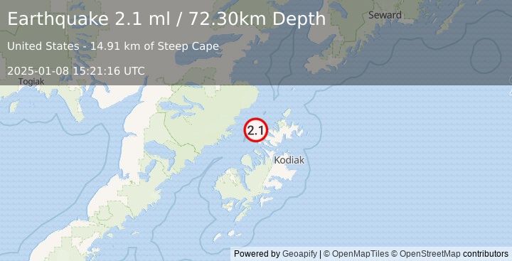 Earthquake 38 km NW of Aleneva, Alaska (2.1 ml) (2025-01-08 15:21:16 UTC)