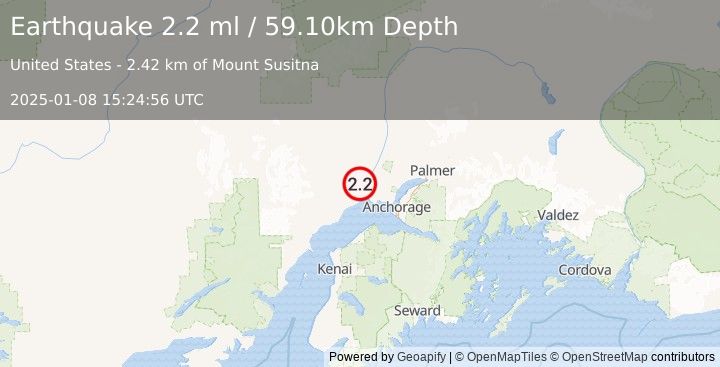 Earthquake 13 km SW of Susitna, Alaska (2.2 ml) (2025-01-08 15:24:56 UTC)