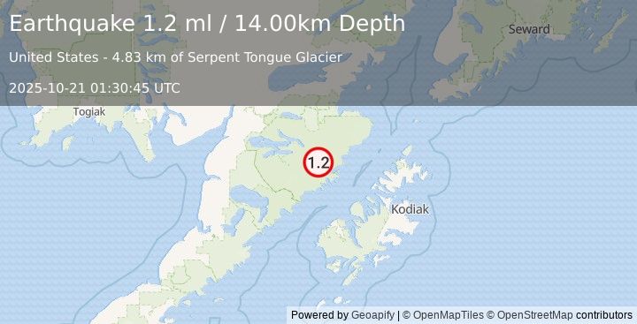 Earthquake 94 km N of Karluk, Alaska (1.2 ml) (2025-10-21 01:30:45 UTC)