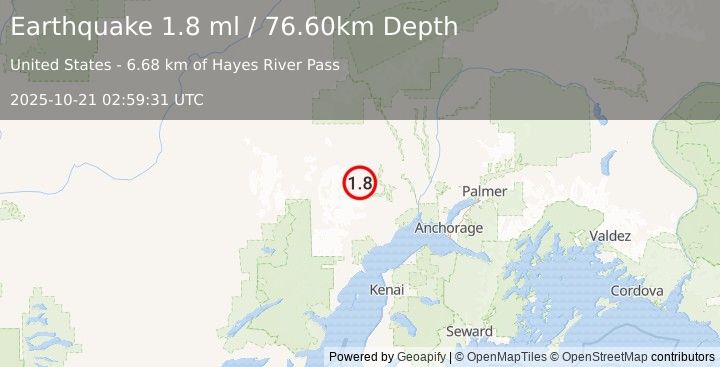 Earthquake 42 km SW of Skwentna, Alaska (1.8 ml) (2025-10-21 02:59:31 UTC)
