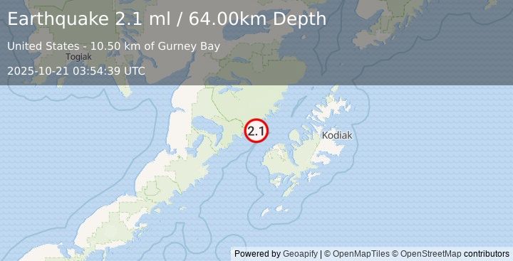 Earthquake 41 km NW of Karluk, Alaska (2.1 ml) (2025-10-21 03:54:39 UTC)